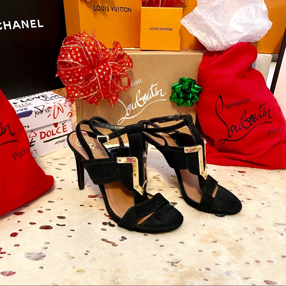 Vince Camuto Black Suede/Gold Hardware Heel